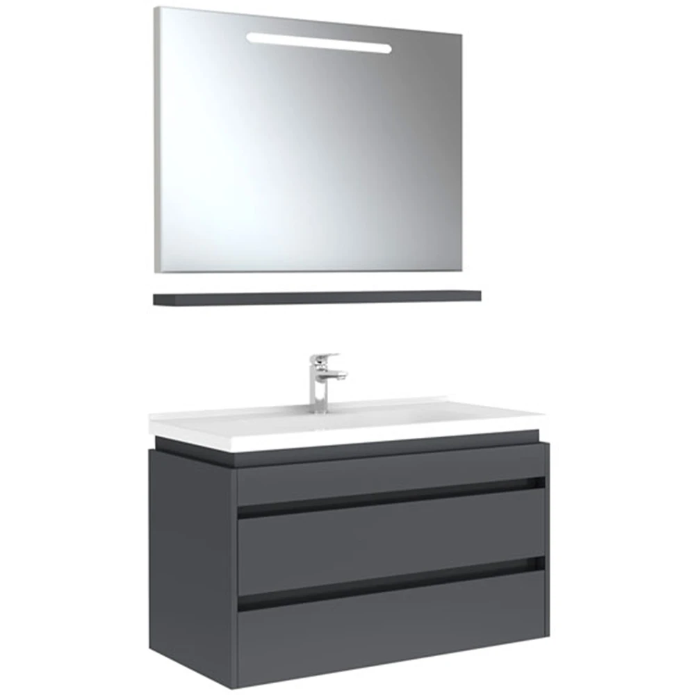 IDEA 100 CM SET PARLAK ANTRASİT (2 ÇEKMECELİ DOLAP + AYDINLATMALI AYNA + ETAJER )