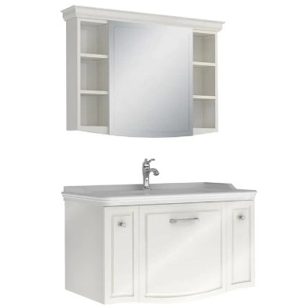 ARTE + 100 SET PARLAK BEYAZ (LAVABO DOLABI + AYNA) KROM KULP