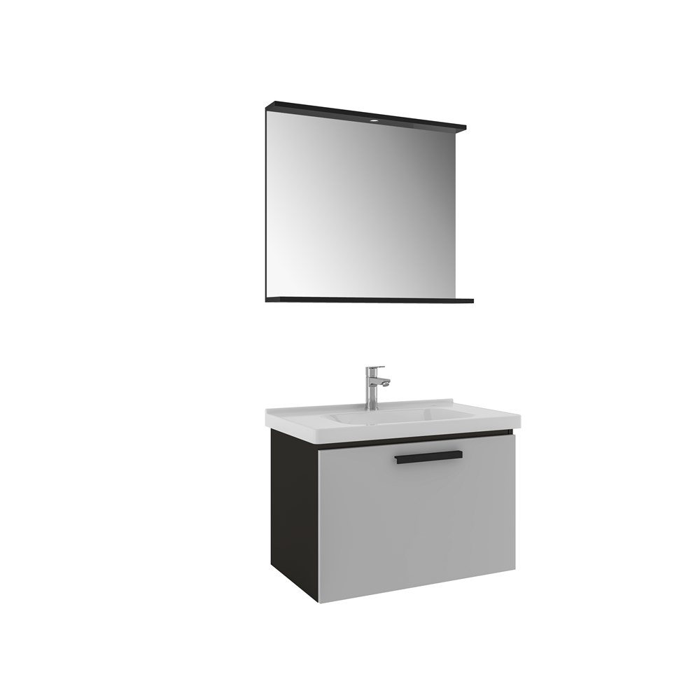 GRİS 80 CM SET SİYAH-GRİ (LAVABO DOLABI + AYNA)