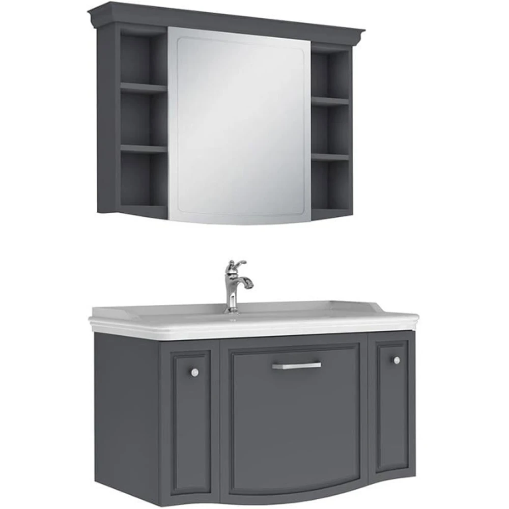 ARTE + 100 SET MAT ANTRASİT (LAVABO DOLABI + AYNA) KROM KULP
