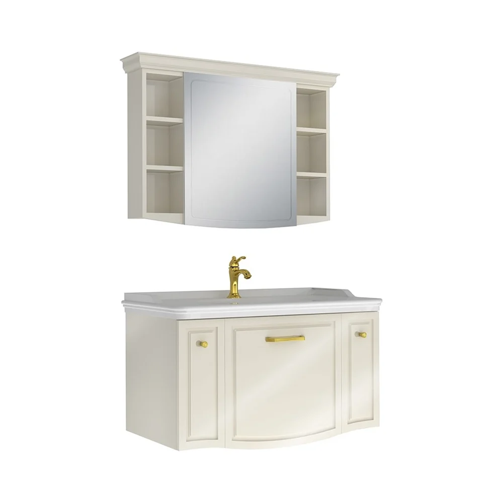ARTE + 100 SET PARLAK KREM (LAVABO DOLABI + AYNA) ALTIN KULP
