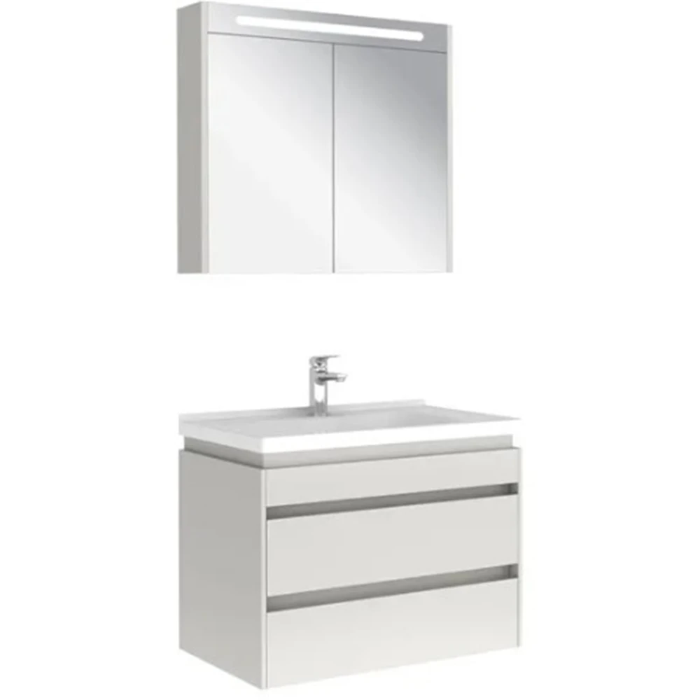 IDEA 80 CM SET PARLAK BEYAZ (2 ÇEKMECELİ  DOLAP + AYDINLATMALI AYNA DOLABI)