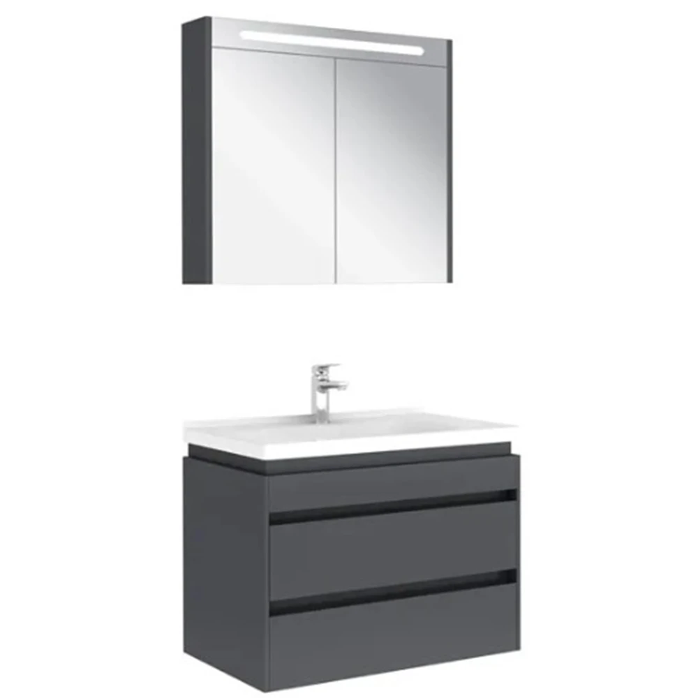 IDEA 80 CM SET PARLAK ANTRASİT (2 ÇEKMECELİ DOLAP + AYDINLATMALI AYNA DOLABI)