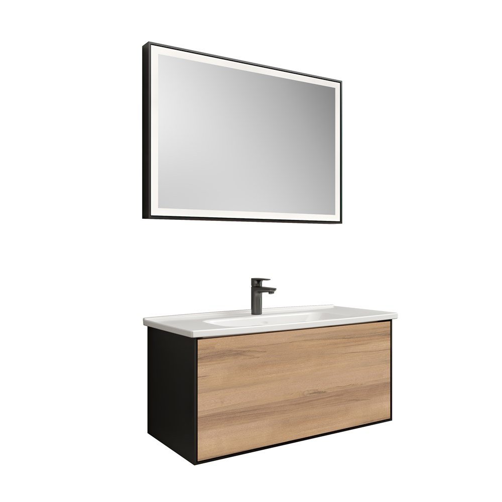 MOOD 100 CM SET MAT SİYAH-PASİFİK A (LAVABO DOLABI + LAVABO + AYNA)