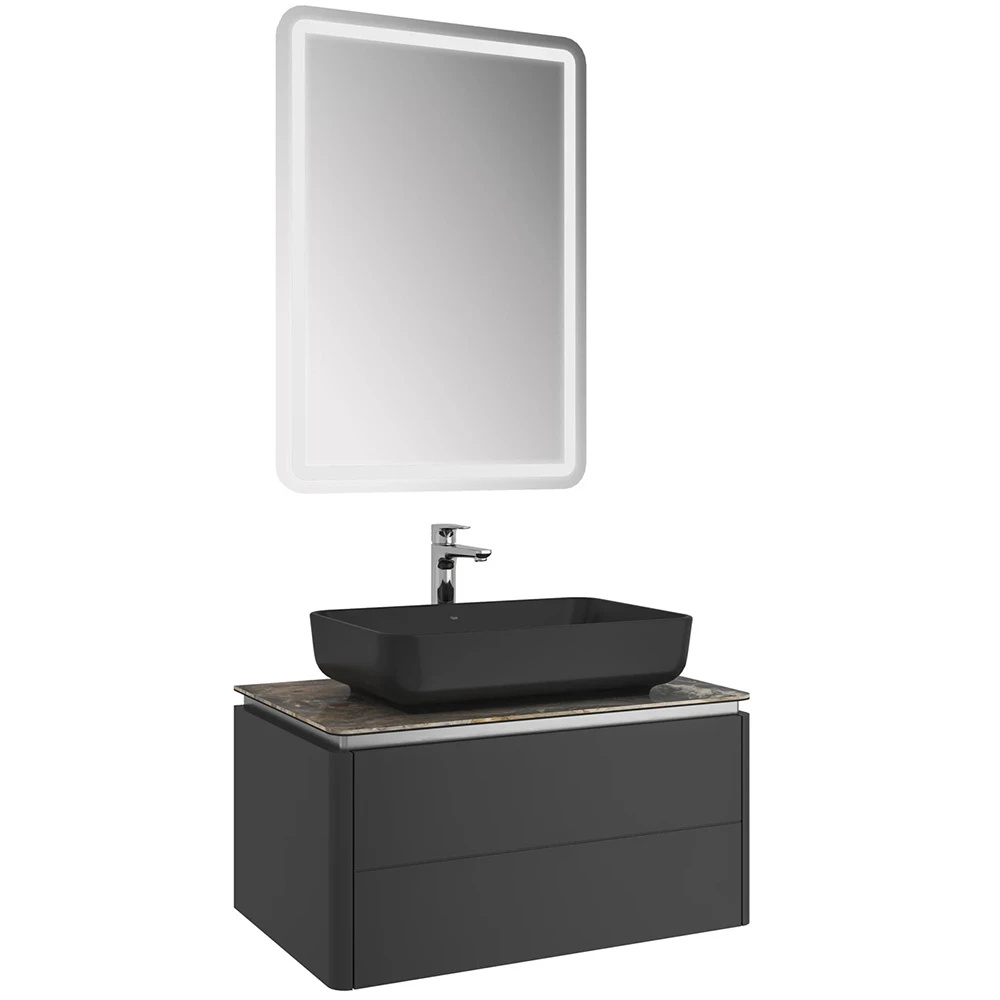 LOTUS 80 CM DAR ÇANAK LAVABO + AYNA SET MAT SİYAH-ANTRASİT