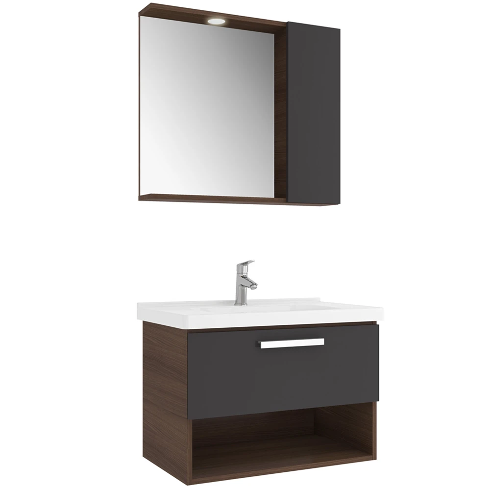 TREVİ 80 CM SET ANTRASİT-CEVİZ (LAVABO DOLABI + YARIM DOLAP AYNA)